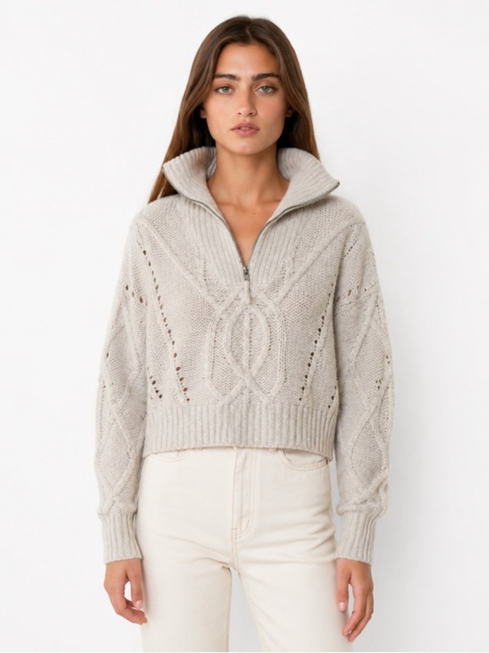 360 Cashmere Open-Stitch Half-Zip Turtleneck Sweater in Light Beige